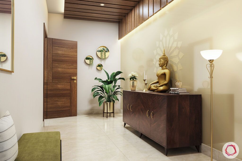 entryway-lighting-spotlights-wooden-false-ceiling-buddha-false-ceiling