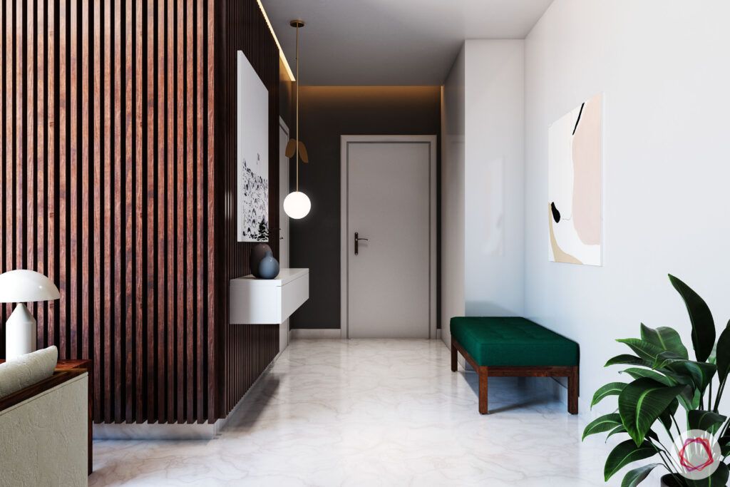 Foyer-Lighting-cove-lighting-main-door-wall-panel-bench-white-floor
