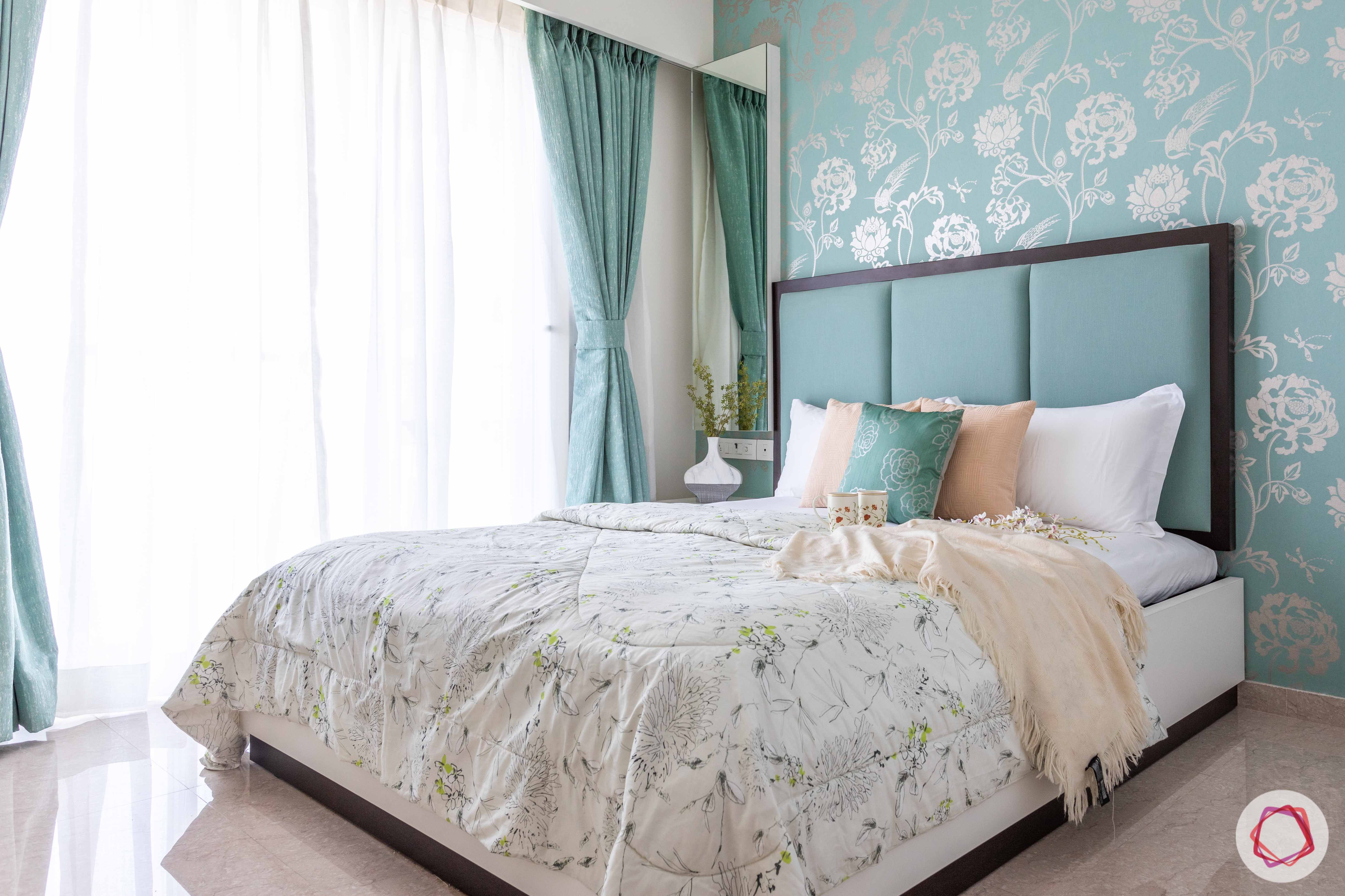 cyan green bed-green curtains-green and silver wallpaper