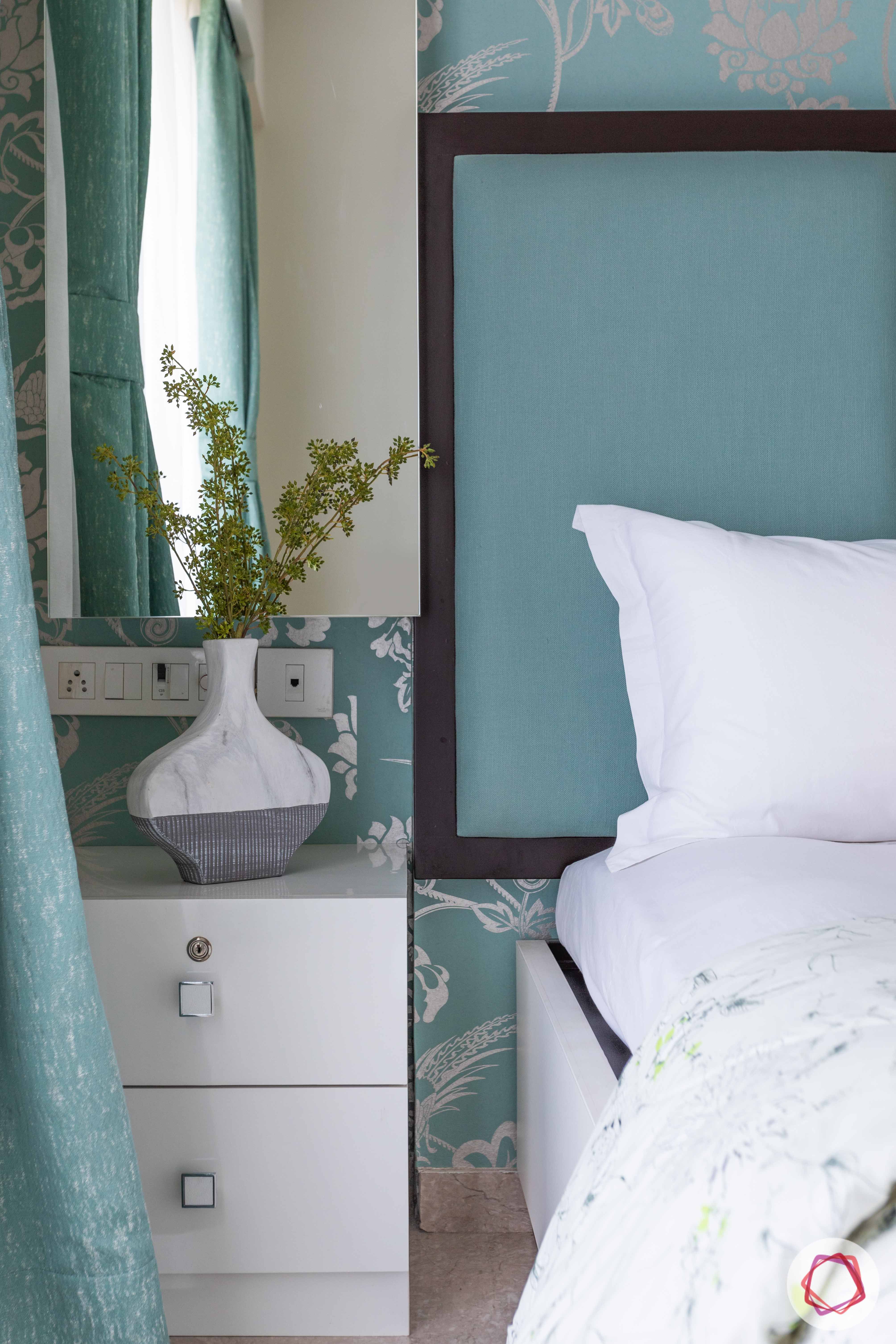 green headboard-mirror-white vanity unit