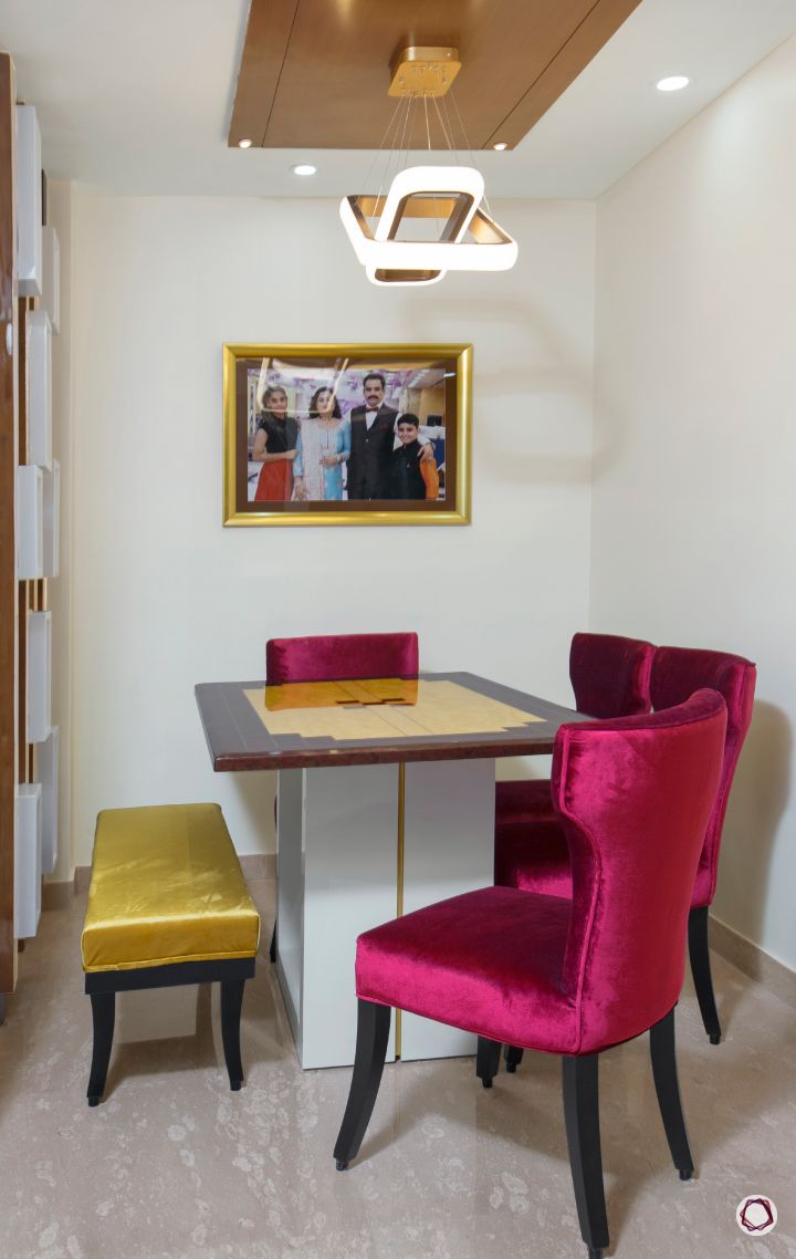 home furnishing fabric-red silk chairs-yellow bench-dining table designs