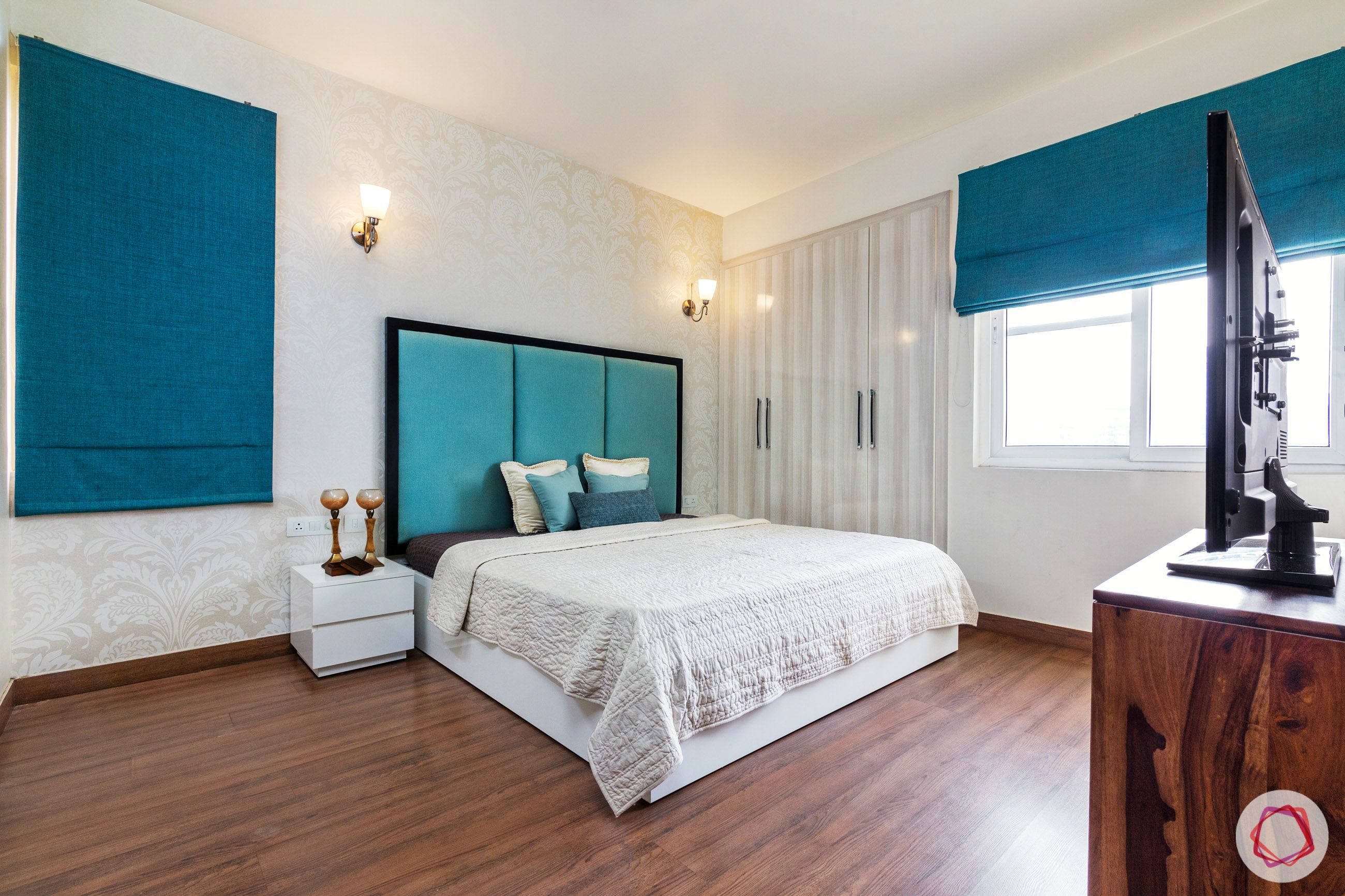 house in gurgaon-wooden flooring designs-teal headboard designs