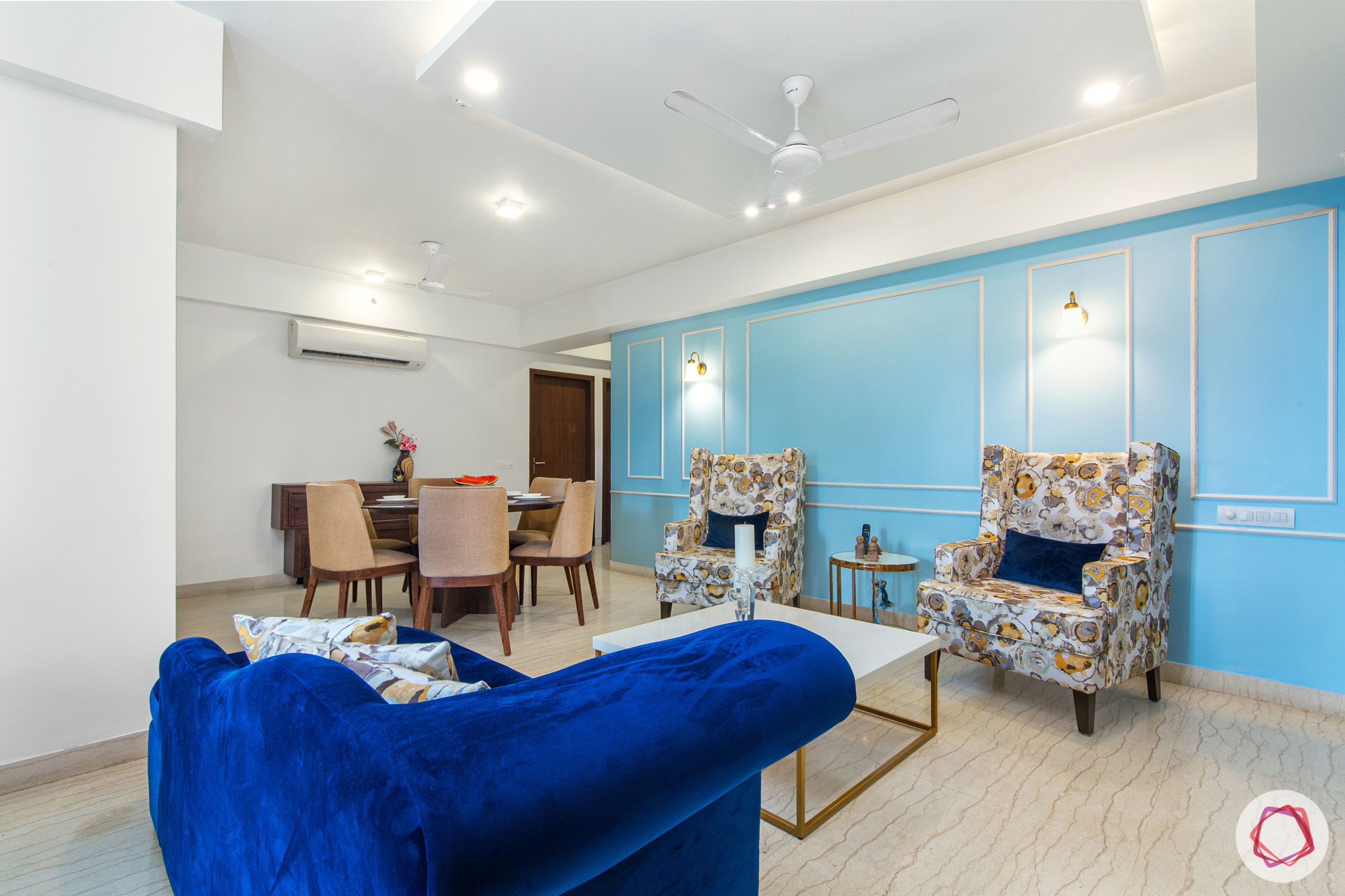 house in gurgaon-blue wall ideas-white centre table designs