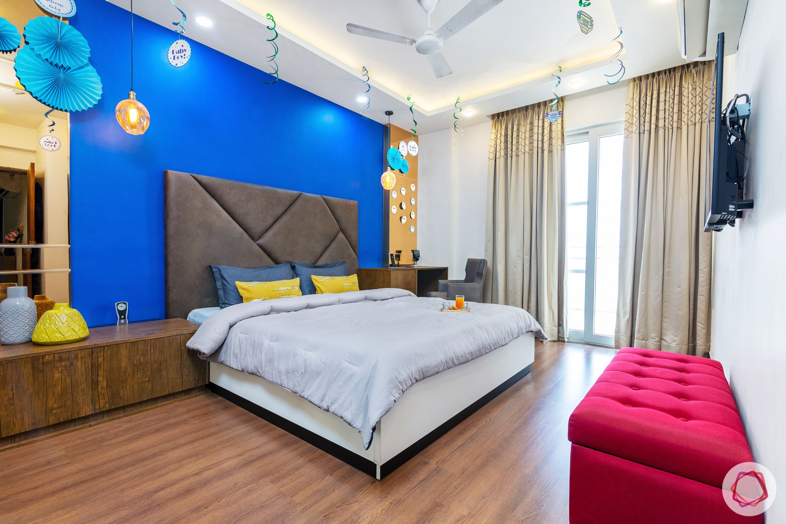  house in gurgaon-blue wall ideas-grey headboard designs