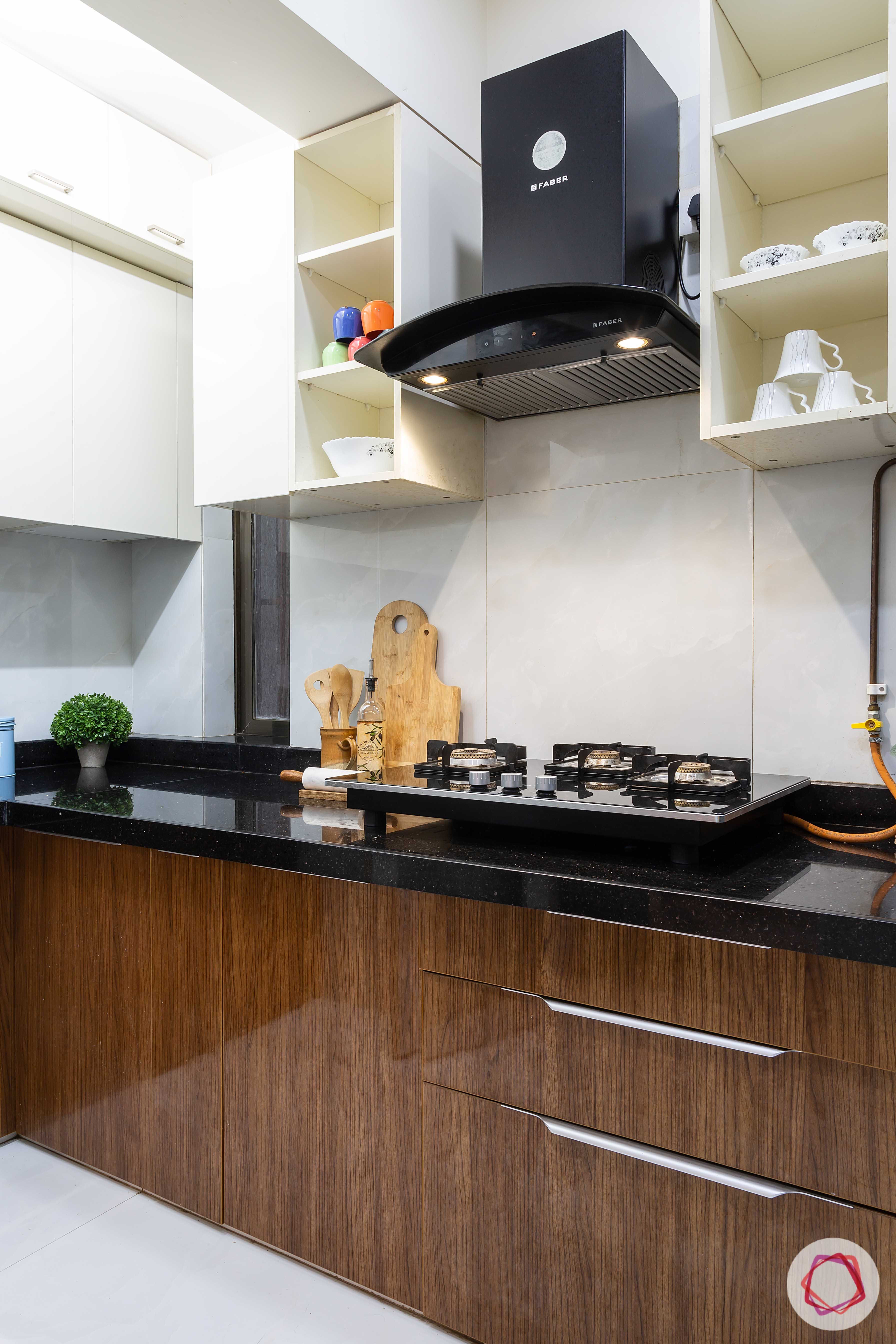 apartment interior design-kitchen-laminate cabinets-open shelves