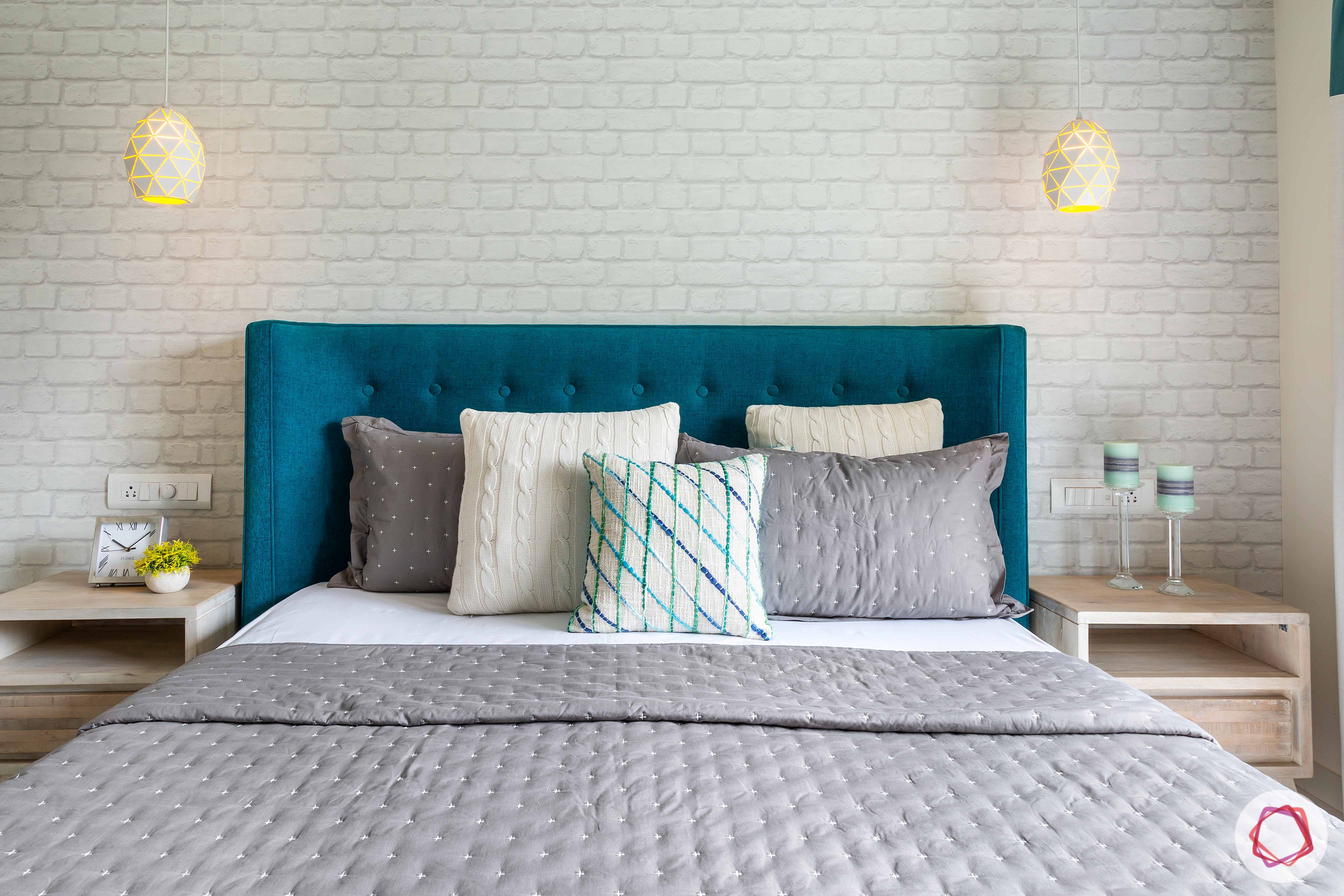 apartment interior design-master bedroom-blue headboard-bed