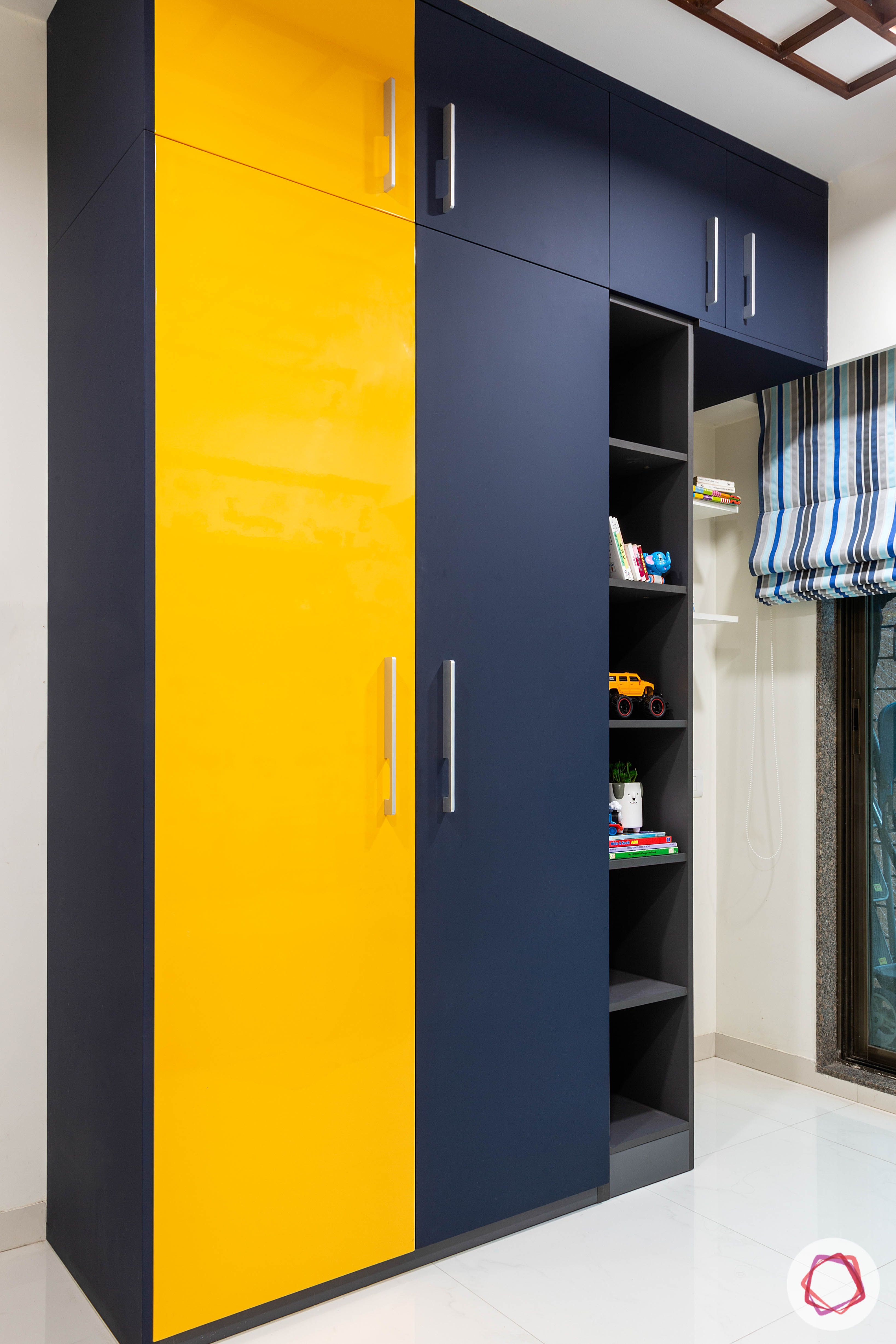 apartment interior design-kids room-wardrobe-laminate wardrobe-yellow shutters-blue shutters