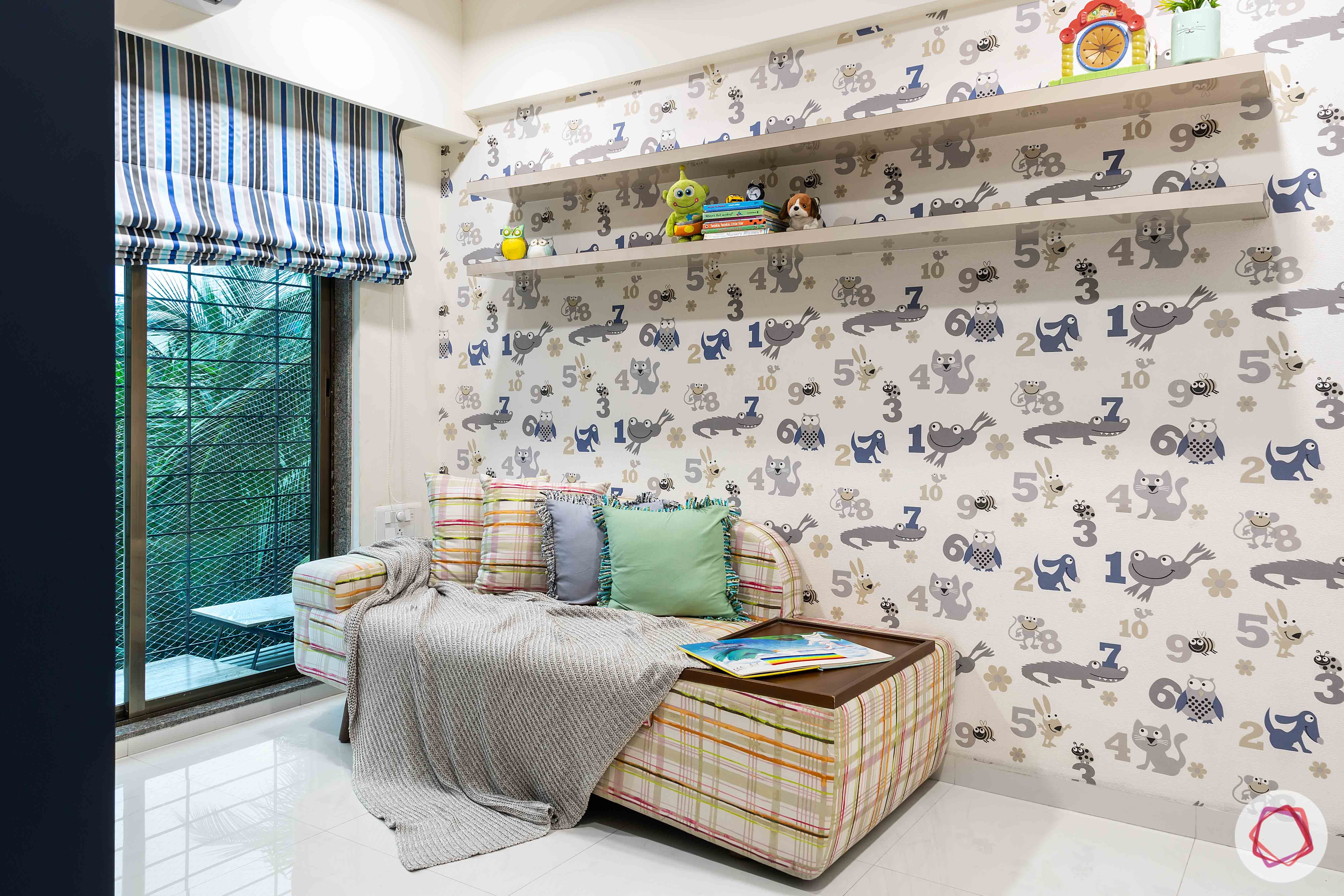 apartment interior design-kids room-wallpaper-display ledges
