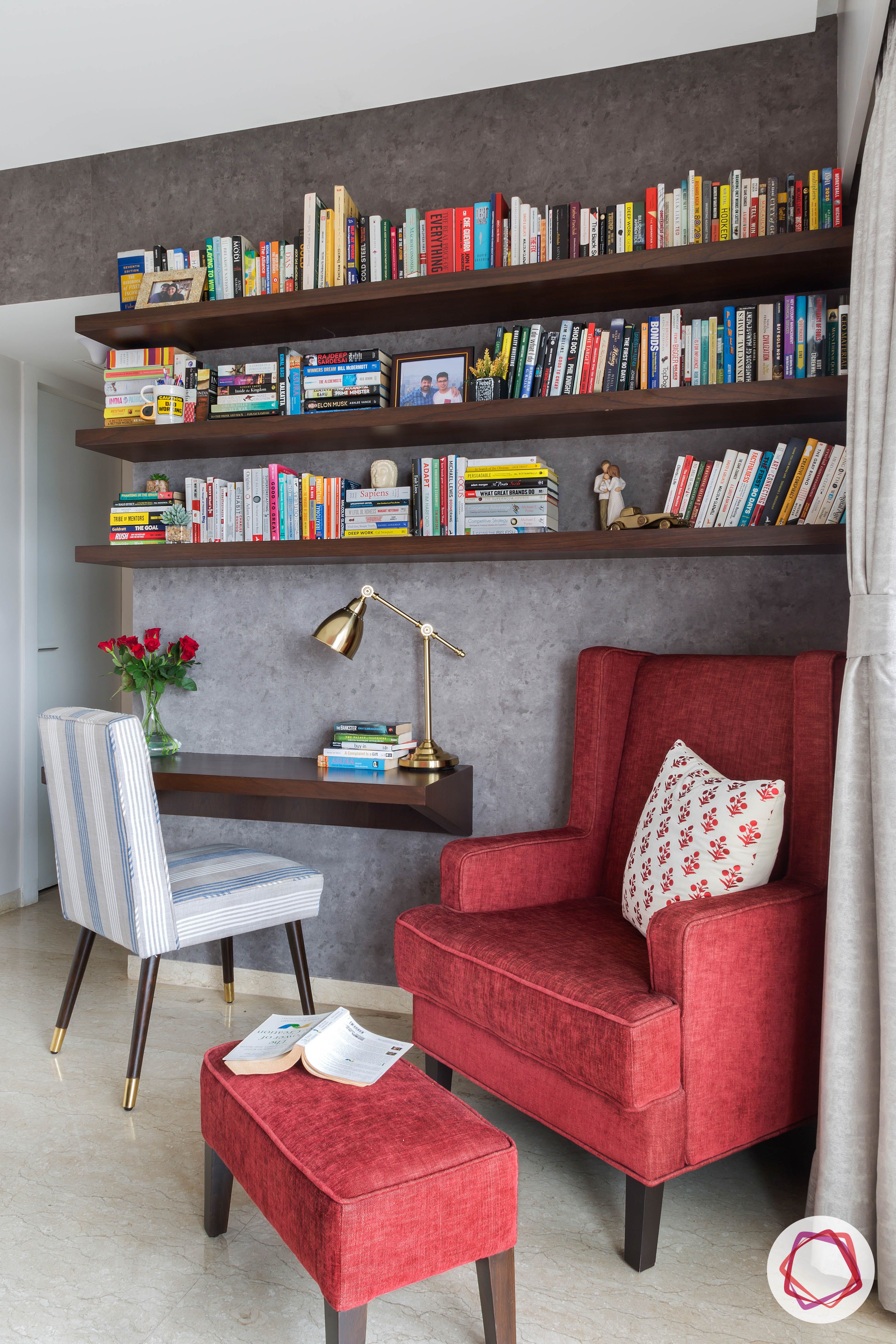 Mahogany-shelves-study-room-table-red-armchair