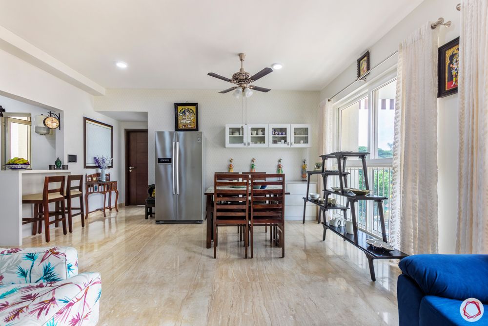 apartment interior-foyer-wooden drawer-wooden wall piece-dining room