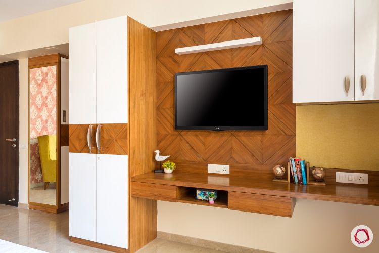 wardrobe design ideas-wall mounted tv unit-wooden unit-desk