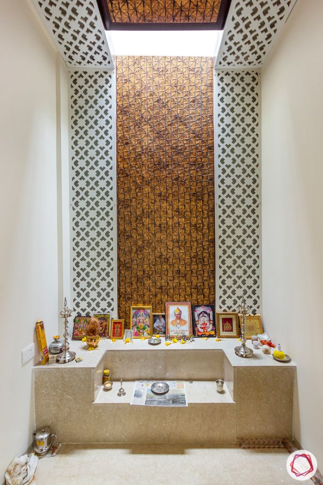 jaali wall work-white fretwork-compact pooja room designs