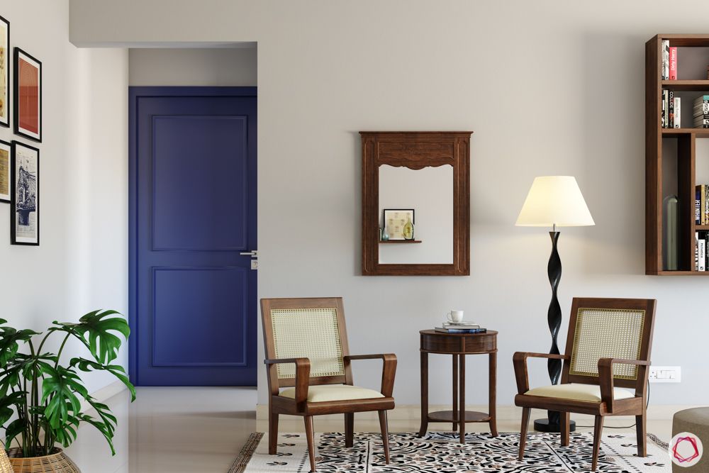 door-colours-purple-foyer-wooden-chairs-table-rug-mirror-lamp-plants-bookshelf