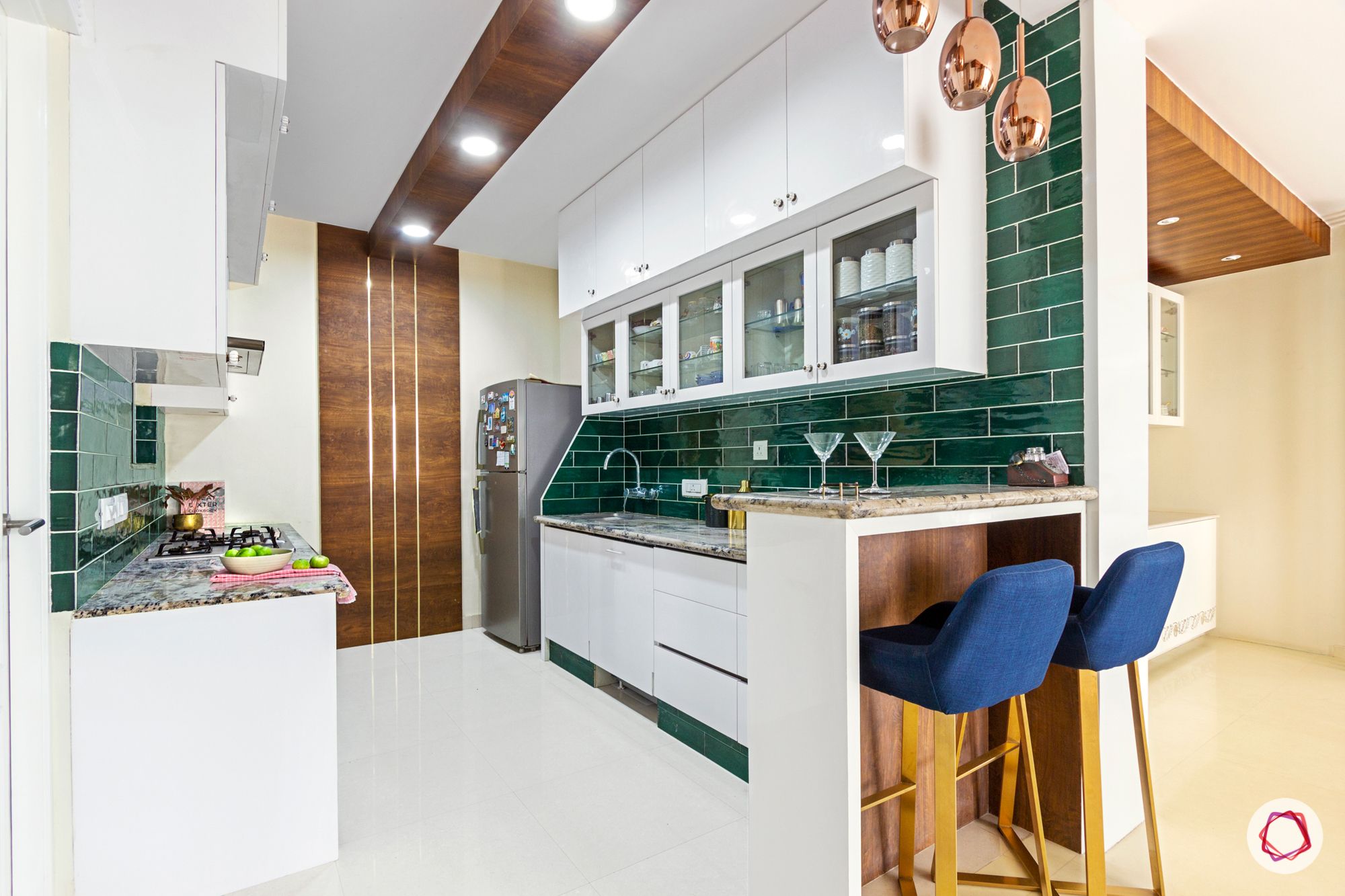green kitchen tiles-wooden ceiling details