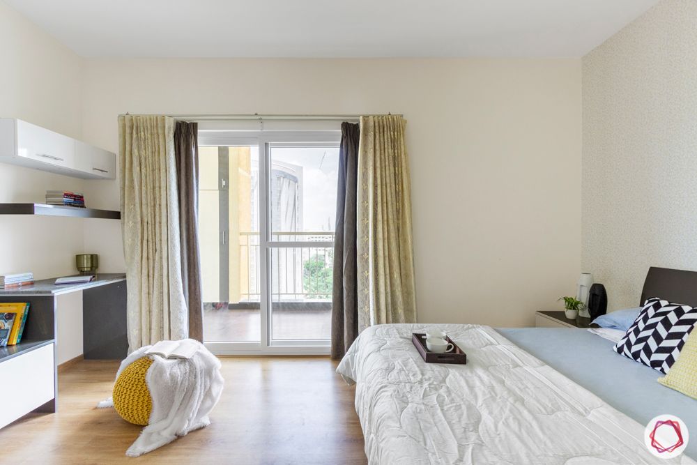 3-bhk-flat-interior-design-master bedroom-yellow pouf-balcony