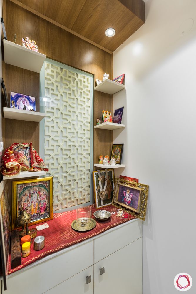 interior 3bhk for flat-jaali design-niche pooja room-wooden pooja unit
