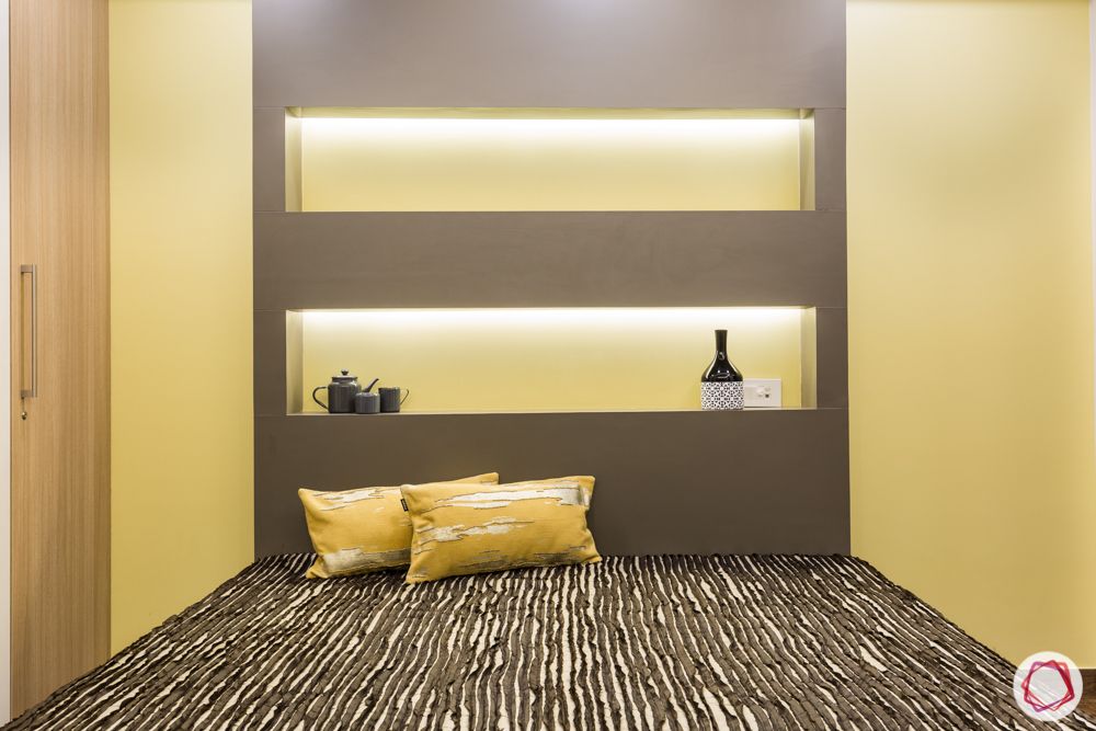 interior 3bhk for flat-bedroom designs-backlit panel-yellow cushions-grey laminate