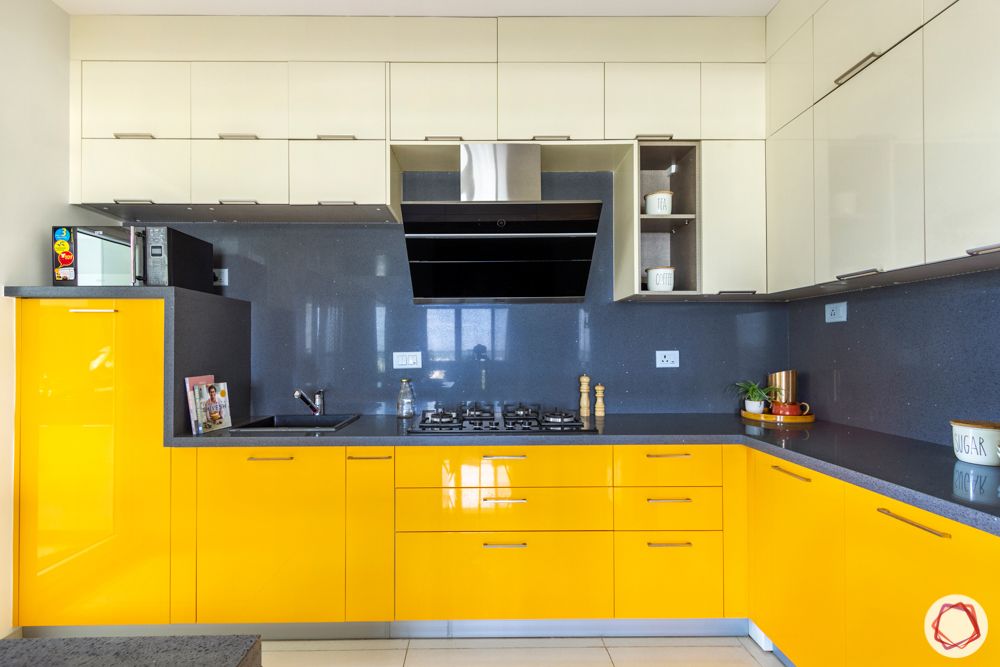 glossy vs matte finish-yellow glossy cabinets-white and yellow kitchen