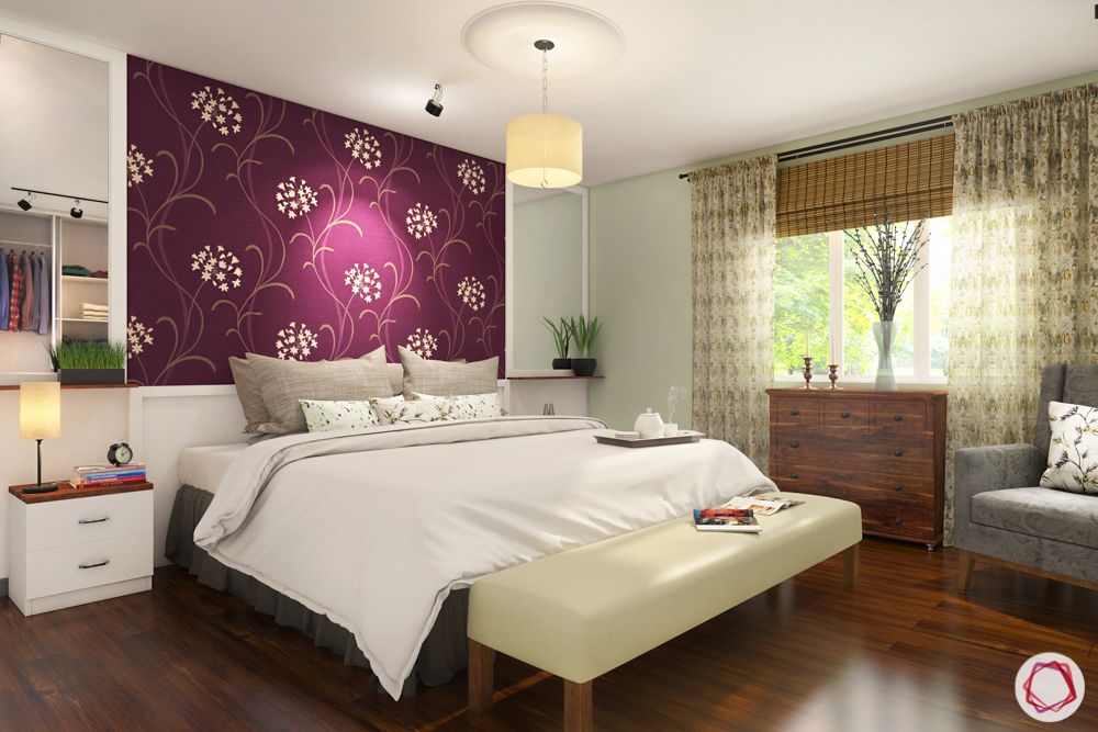 window curtain design-purple wall-blinds-curtains-grey chair-wooden flooring