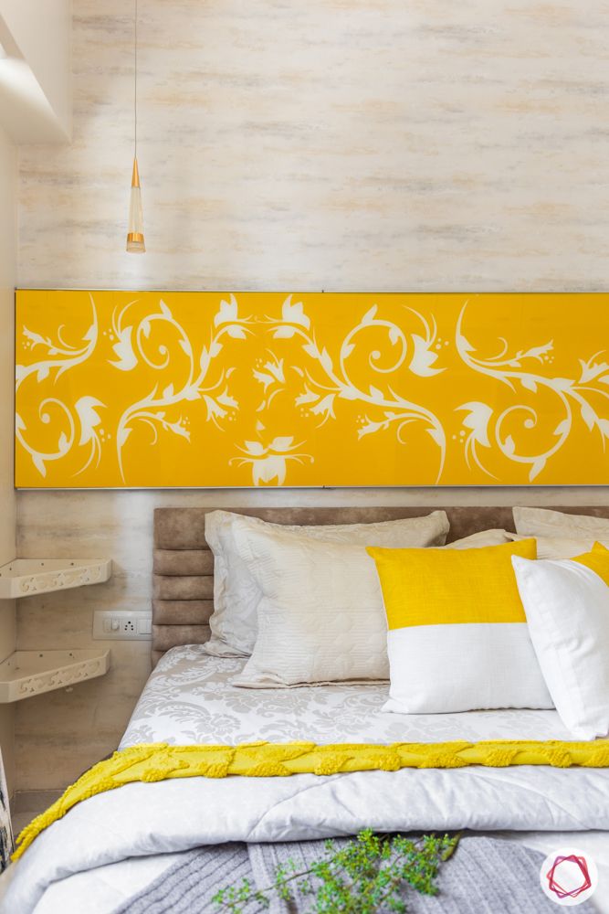 1-bhk-interior-design-bedroom-wallpaper-wall ledges-back-painted panel