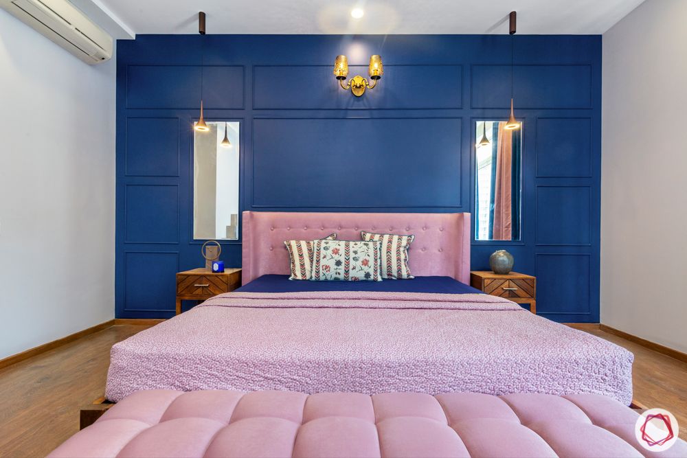 flat interior-blue wall ideas-pink headboard designs