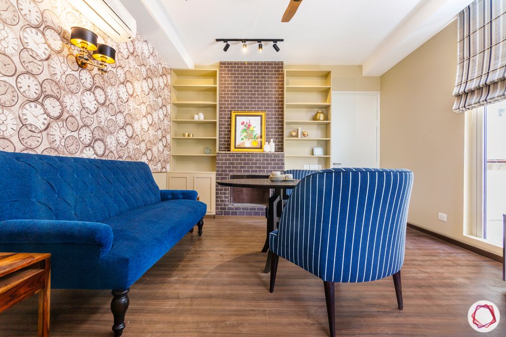 flat interior-blue armchair designs-brown wallpaper designs