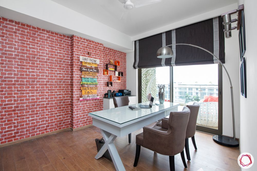 study room lighting-floor lamp-exposed brick wall-home office