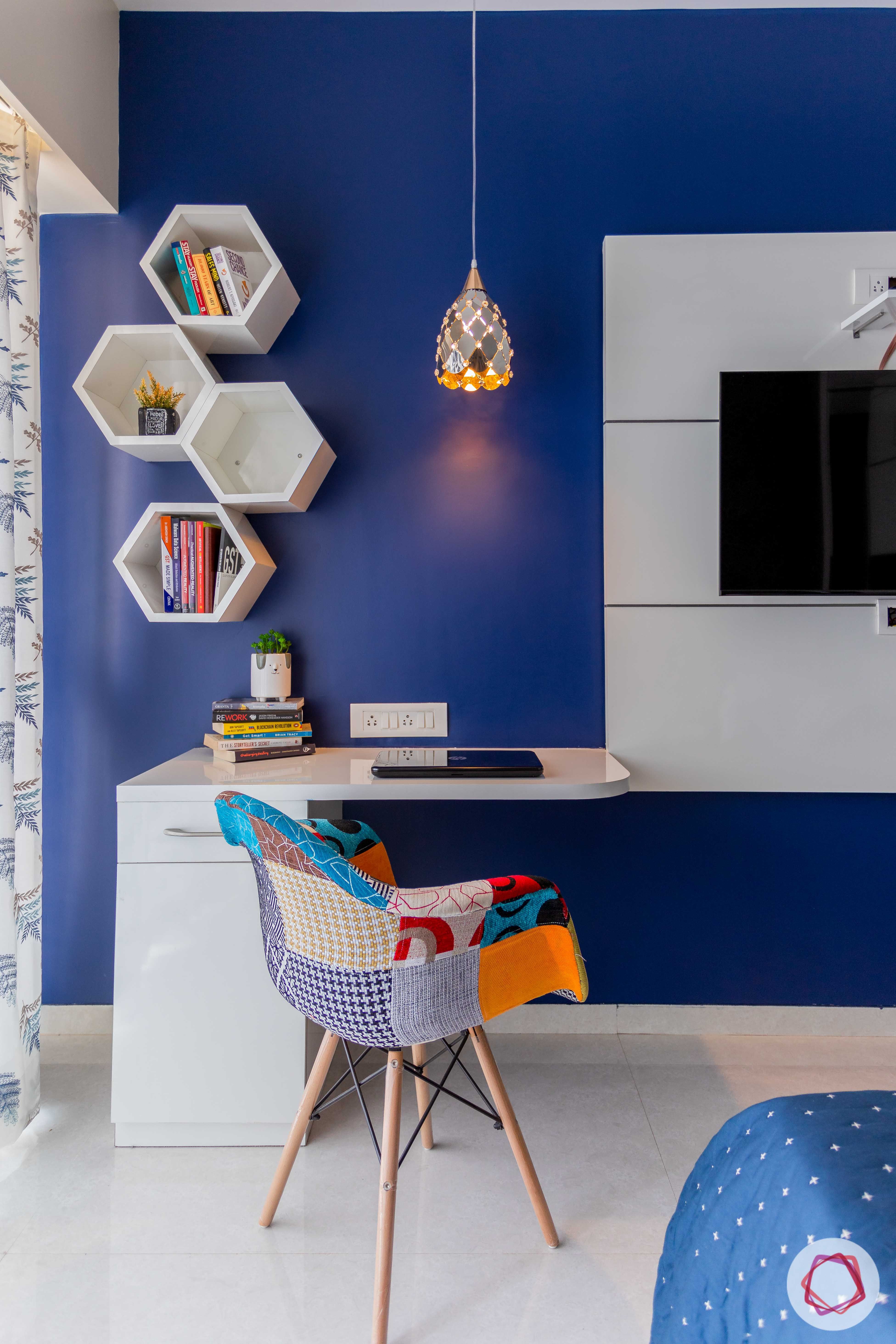 study room lighting-pendant light-blue accent wall-white hexagonal shelves