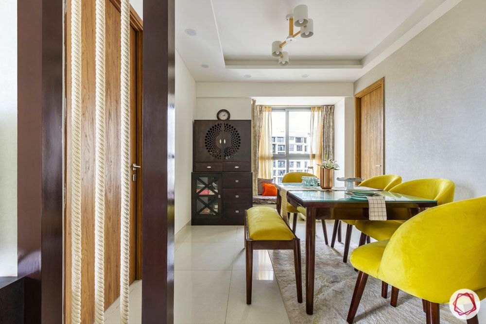 snn raj etternia-dining room-3-rope partition-yellow chairs-pooja unit-bay window