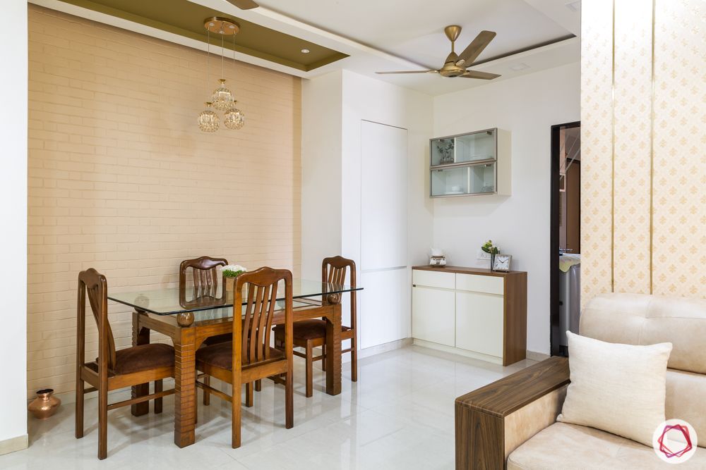 dining room-crockery unit-brick cladding-pendant lights