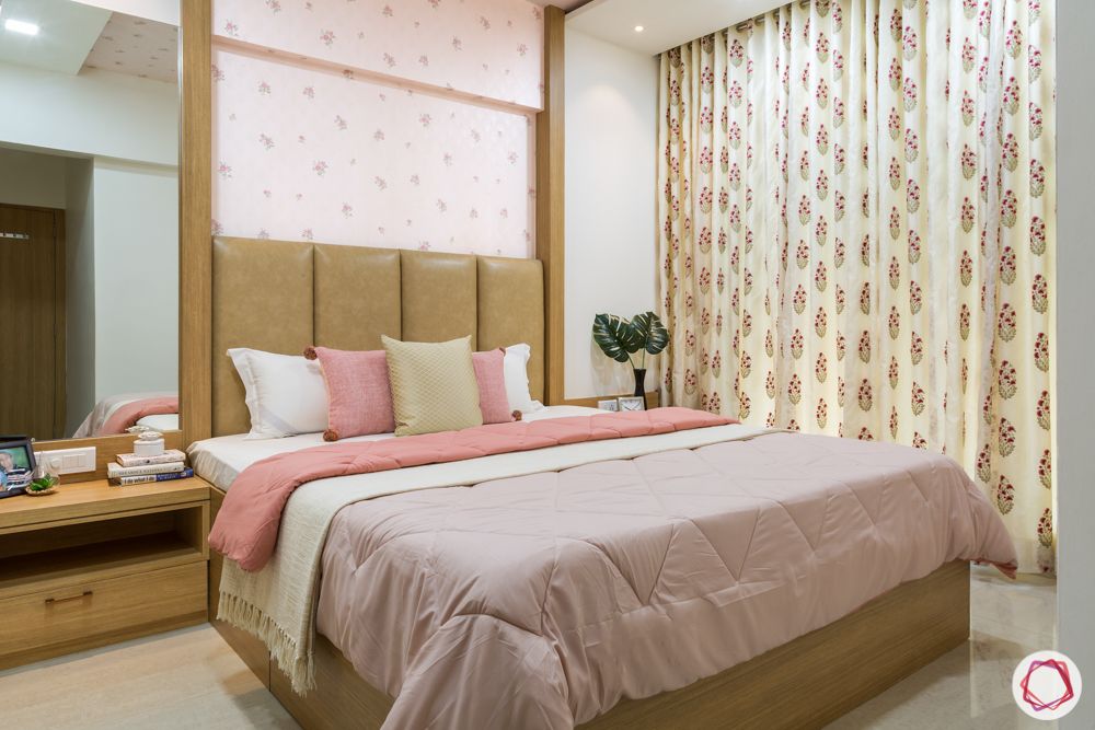 2bhk flat design-master bedroom-custom bed-pastel wallpaper