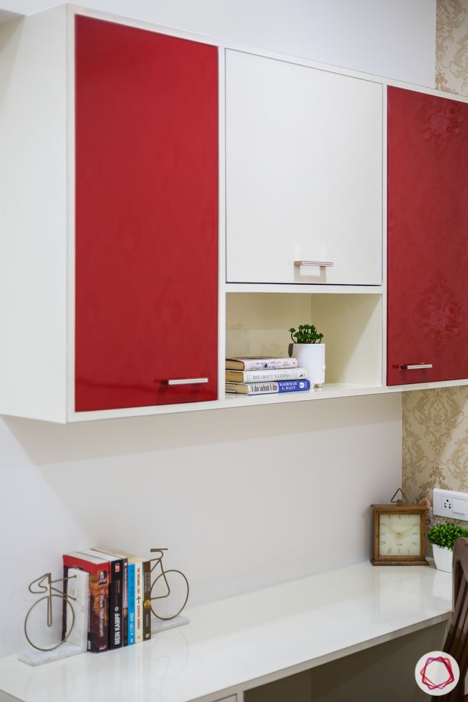 2bhk flat design-red cabinet-study table