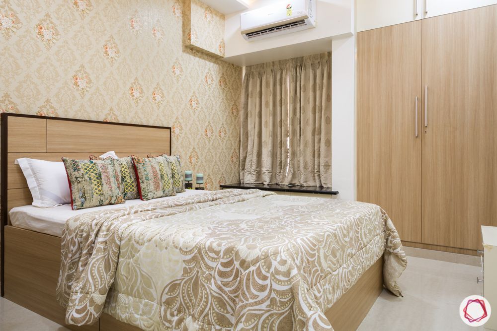 2bhk flat design-beige bedroom-wallpaper-wooden laminate wardrobe