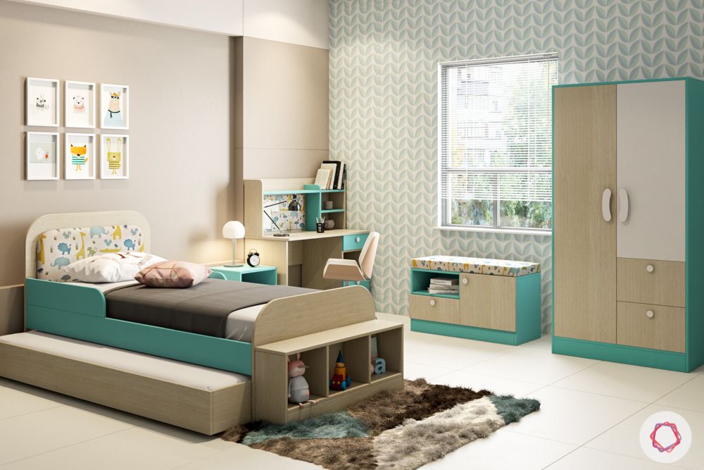 kids furniture-green wardrobe-trundle beds-pattern wallpaper