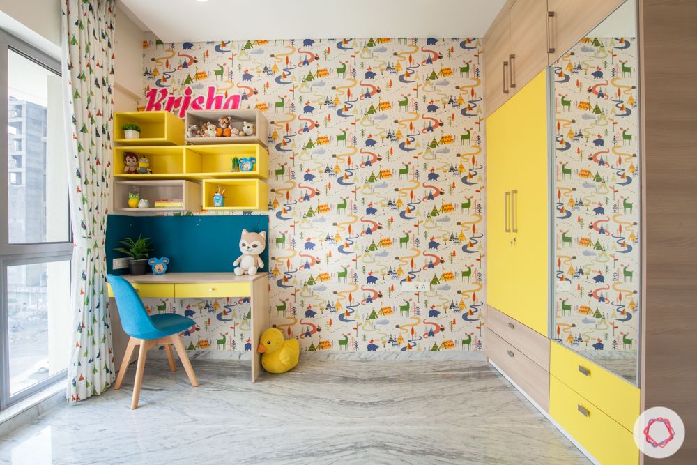 yellow study table-printed wallpaper-display shelves-wardrobe