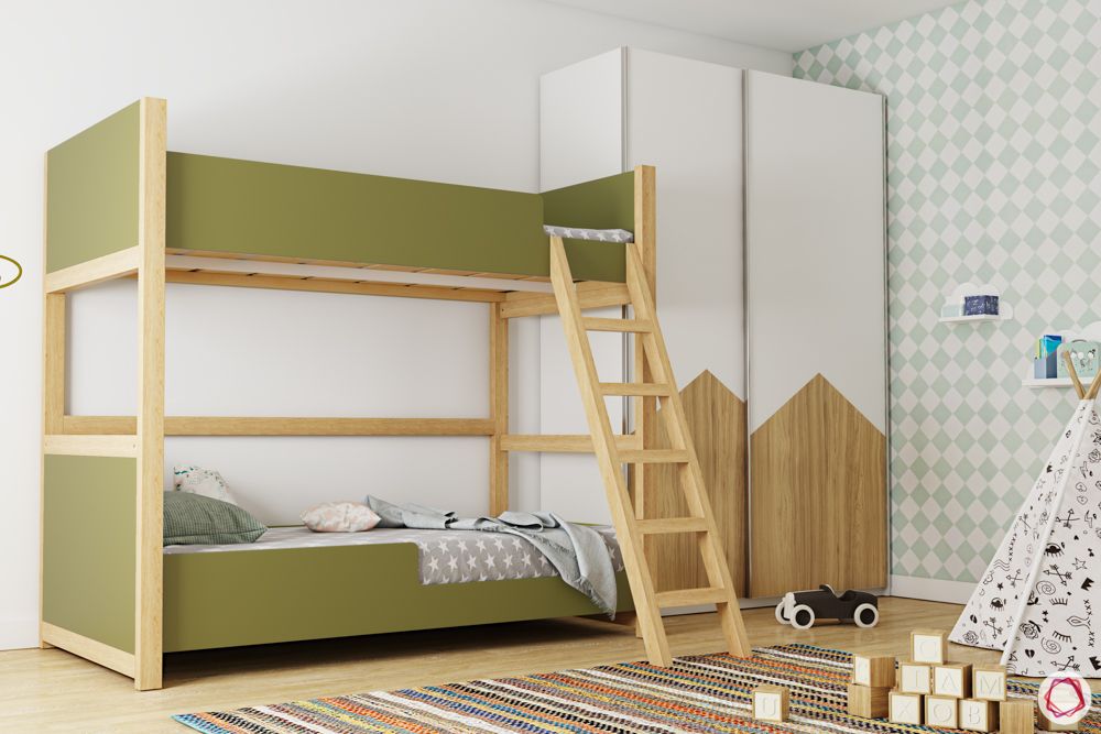 Bunk bed for kids-green bunk bed-wooden ladder-white wardrobe