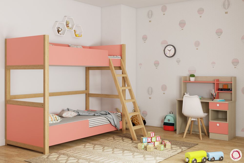 Bunk bed for kids-pink bunk bed-wooden ladder-study unit