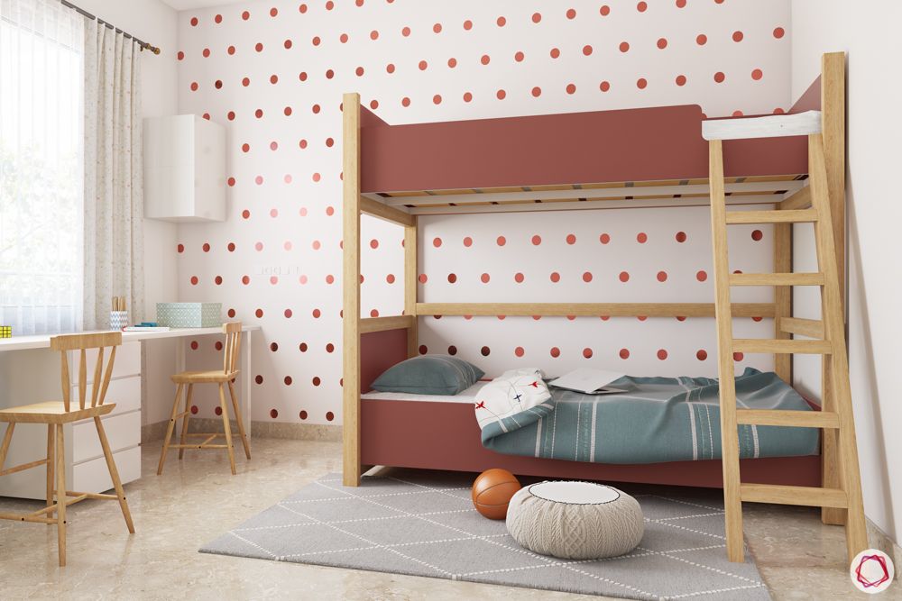 Bunk beds for kids-brown bunk bed-polka dotted wallpaper-white study unit
