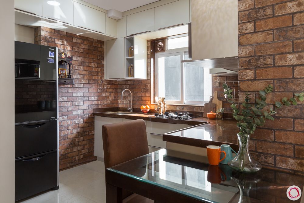 space saving ideas for small flats-exposed brick wall designs-open kitchen designs