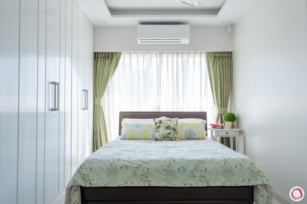 space saving ideas for small flats-white wardrobe designs-green curtain designs