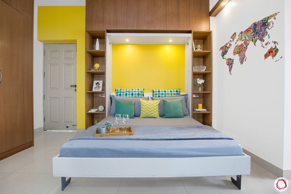 foldable bed designs-wall shelves designs-yellow wall ideas
