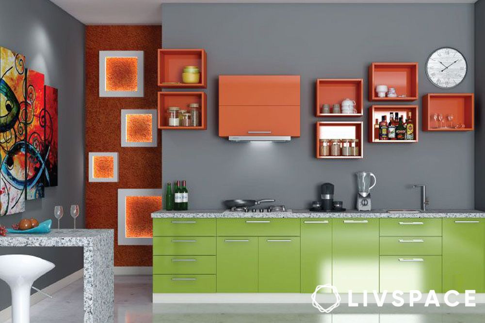 modern open shelving kitchen with free standing box shelves