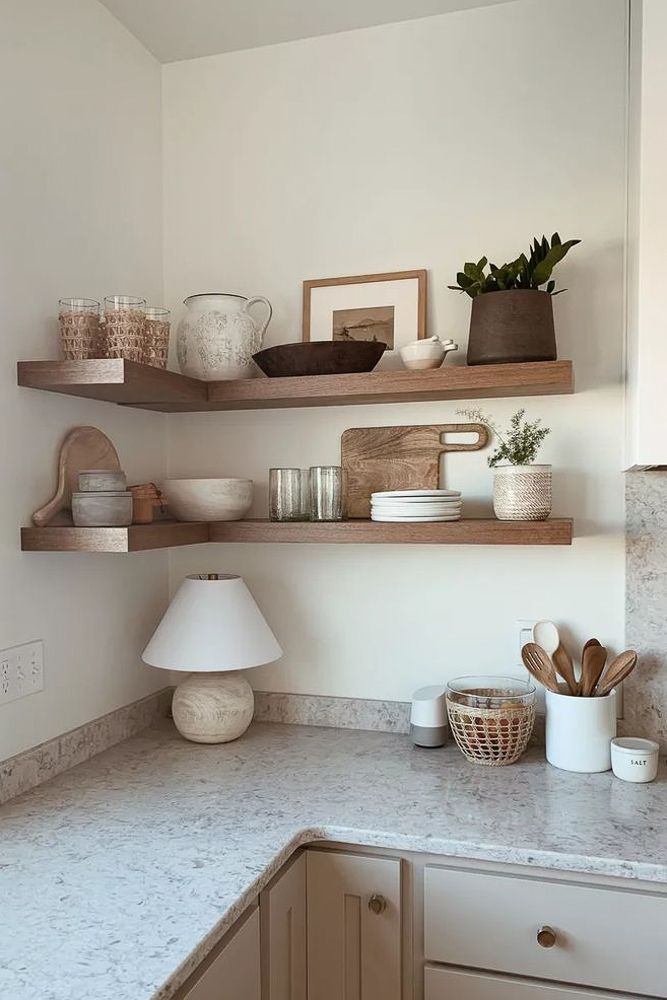 l shaped ledges wooden shelving for kitchen
