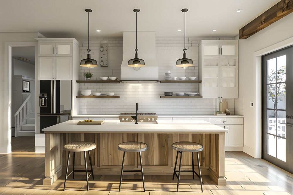 modern open shelving kitchen beside the hob