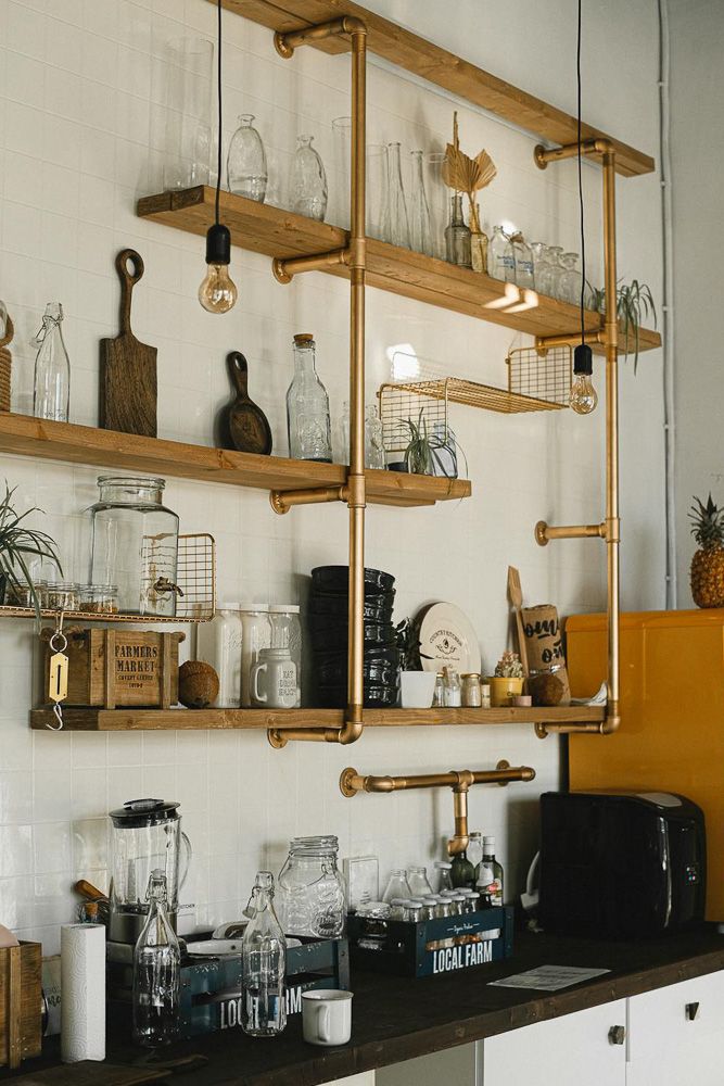 wooden shelving for kitchen with chrome plated support