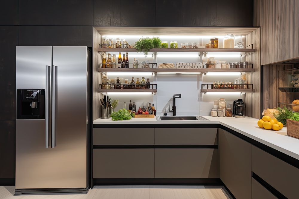 modern open shelving kitchen with underlighting