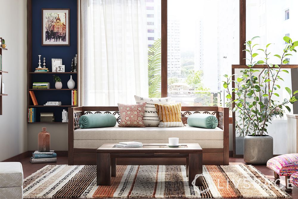 wooden-futon-sofa-open-shelf-unit-tissue-curtains-french-windows