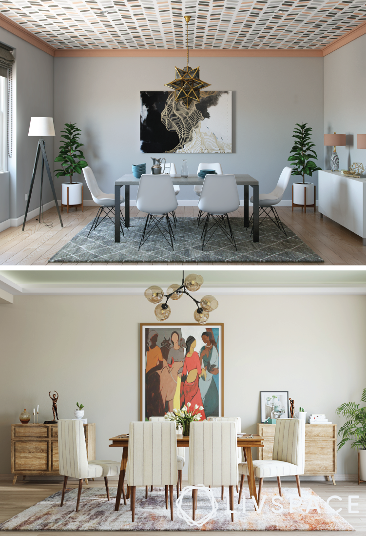 dining-area-wall-decor-with-white-chairs-rugs-artwork