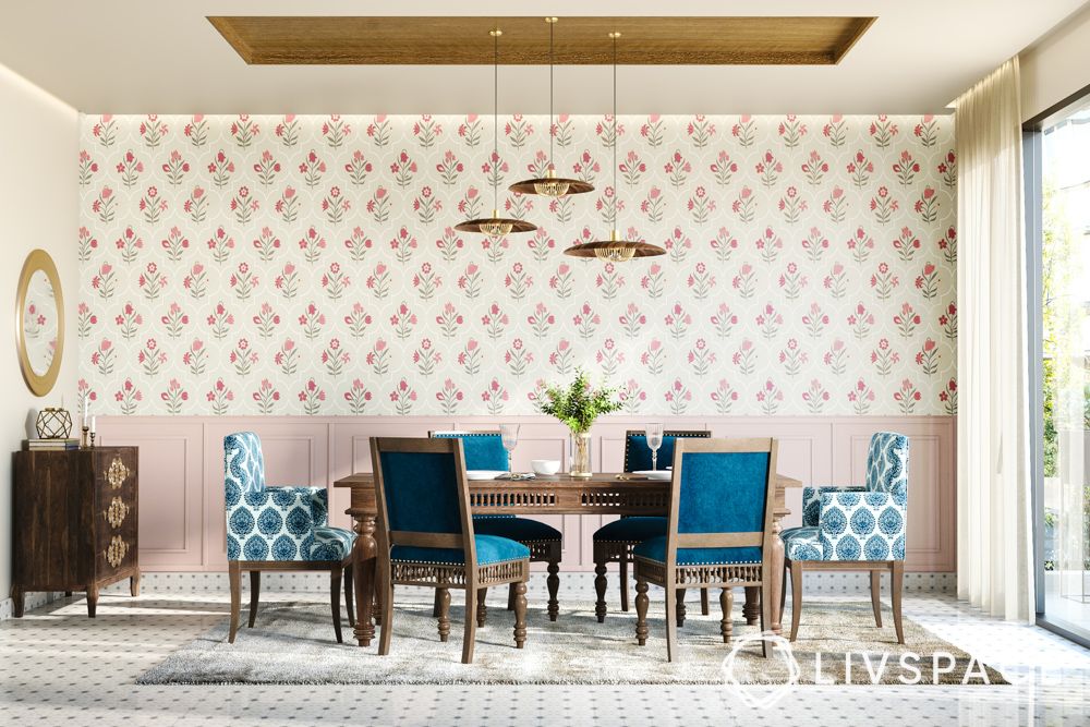 dining-room-decoration-with-Indian-wallpaper-blue-chairs-hanging-lights