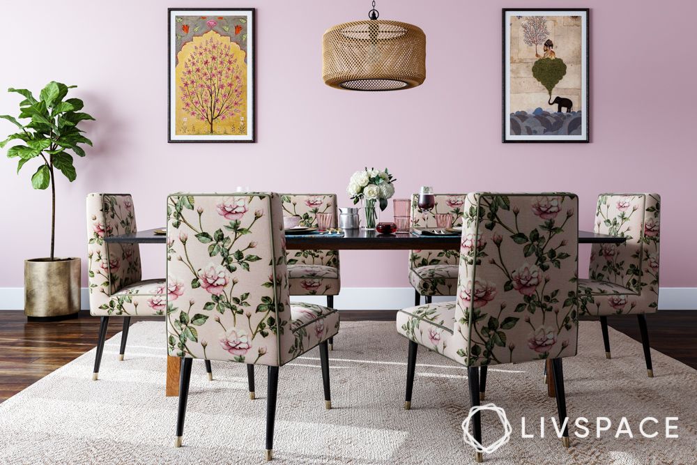 dining-room-decoration-with-lavender-wall-floral-chairs